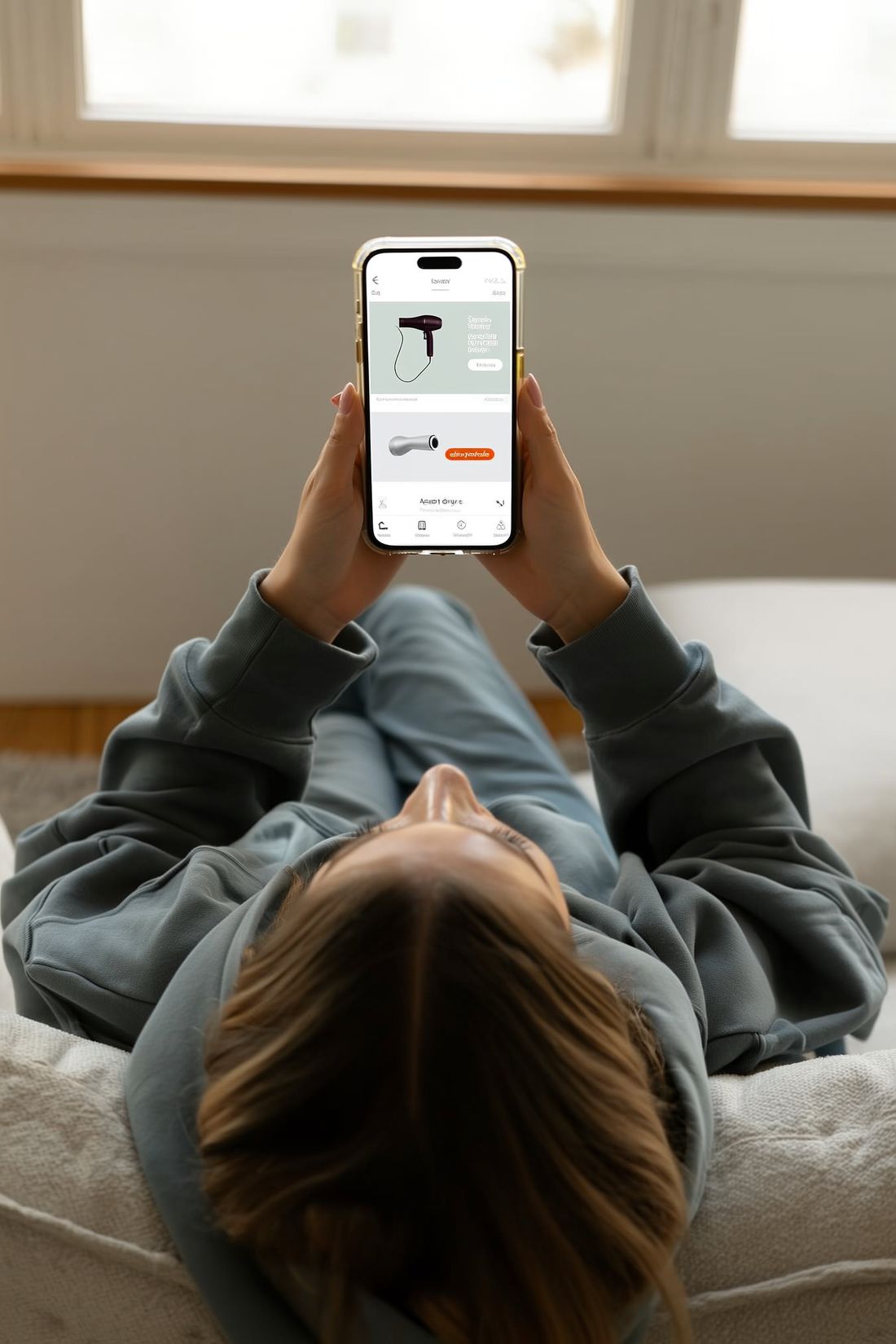 Overhead view of a woman on a couch adding protection to a hair dryer order on her phone