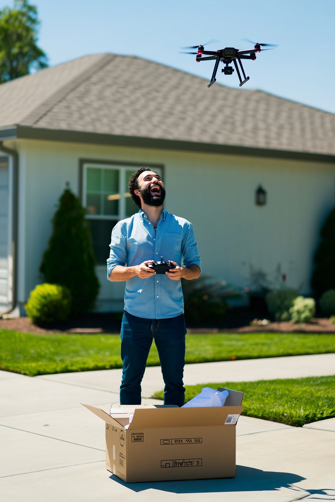 Man flying his new camera drone for the first time in his driveway